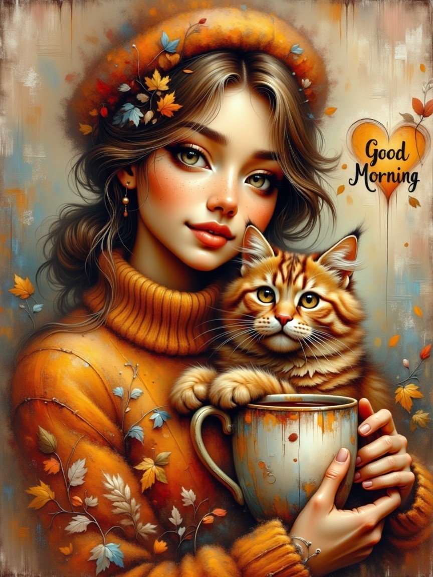 Cheerful Woman with Cat in Cozy Autumn Setting