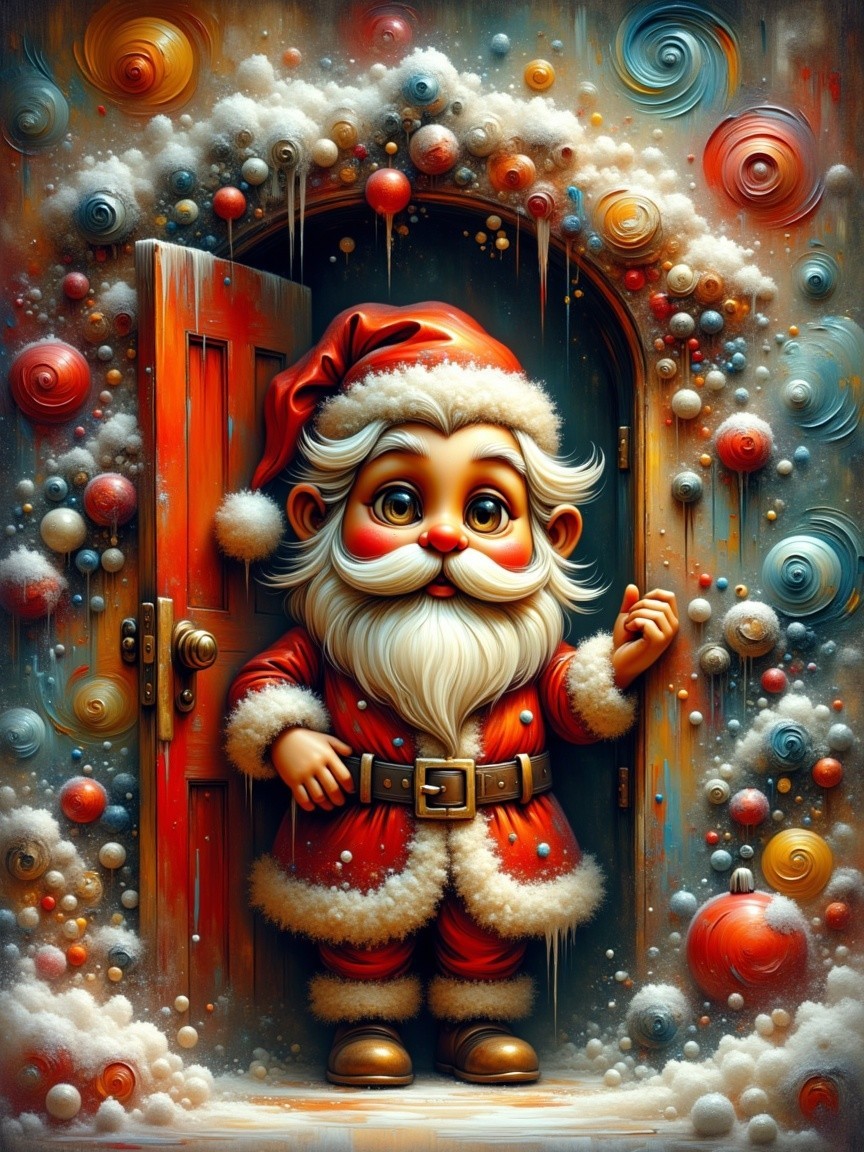 Cartoonish Santa Claus at Colorful Holiday Doorway