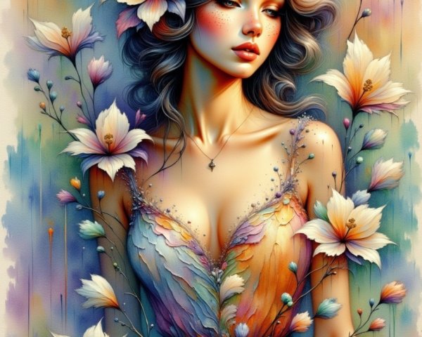 Ethereal Woman Surrounded by Colorful Blossoms