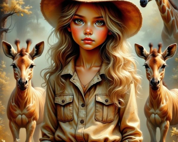 Young girl in safari outfit with giraffes in woods