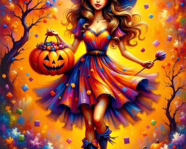 Cheerful Young Witch in Colorful Halloween Setting