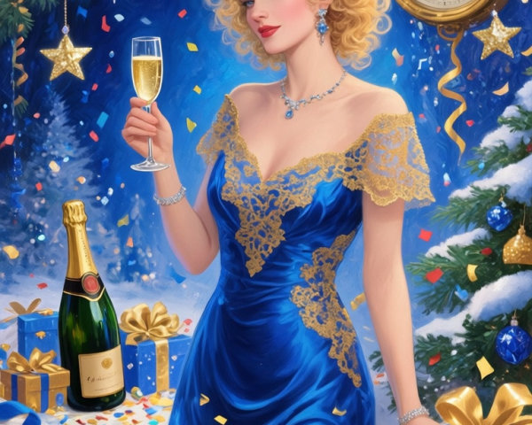 Young Woman in Royal Blue Gown at New Year's Celebration