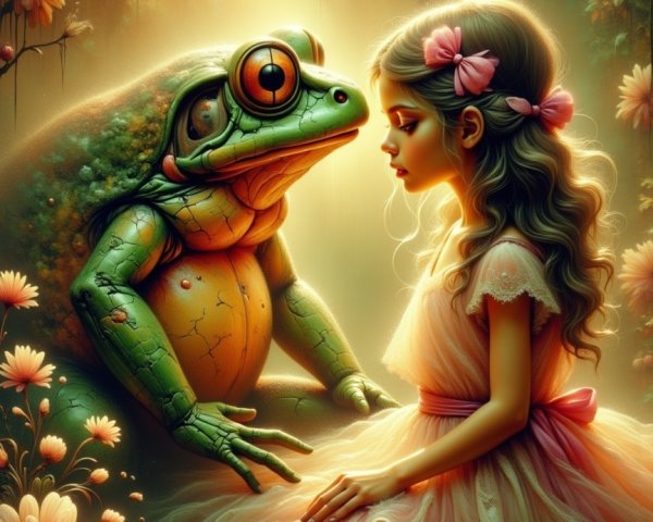 Young girl in pink dress by pond with colorful frog