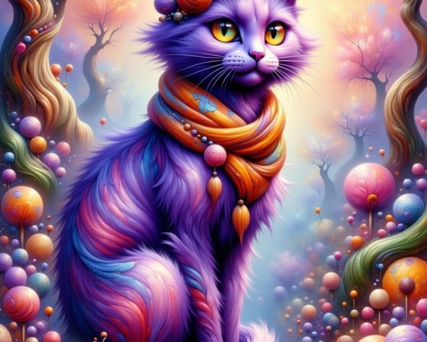 Whimsical Purple Cat in Enchanted Forest Setting