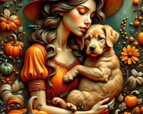 Young Woman with Puppy in Autumn Setting