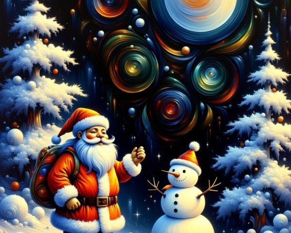 Santa Claus and Snowman in a Winter Wonderland Scene
