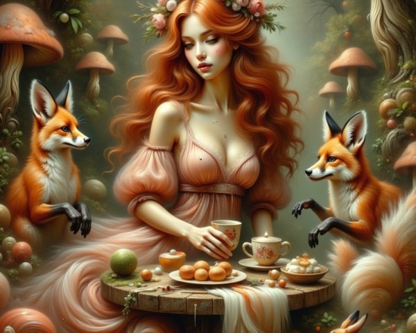 Whimsical Forest Scene with a Woman and Foxes