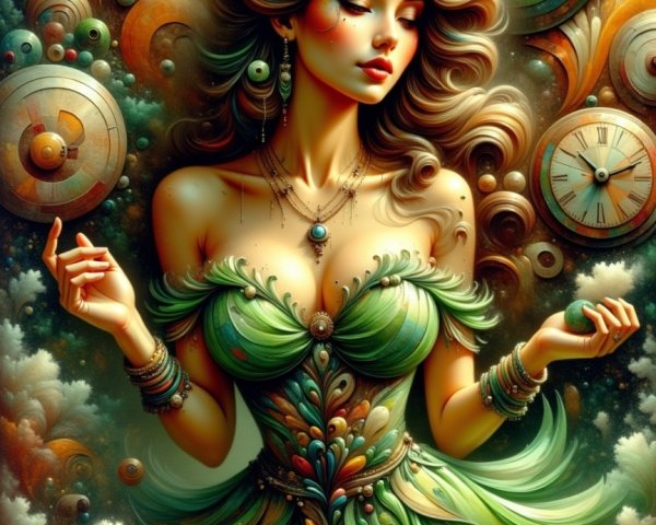 Mystical Woman in Vibrant Clock and Celestial Background