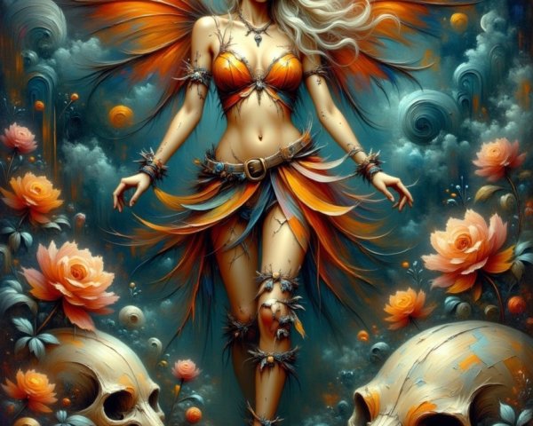 Mystical figure with orange wings in surreal landscape