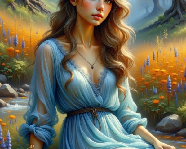Young Woman by Stream in Autumn Colors and Lace Dress
