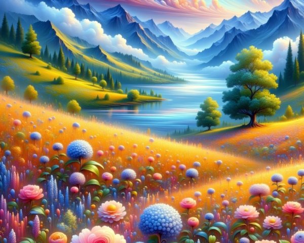 Vibrant Meadow Landscape with Colorful Flowers and Mountains