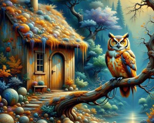 Whimsical Forest Scene with Cottage and Owl