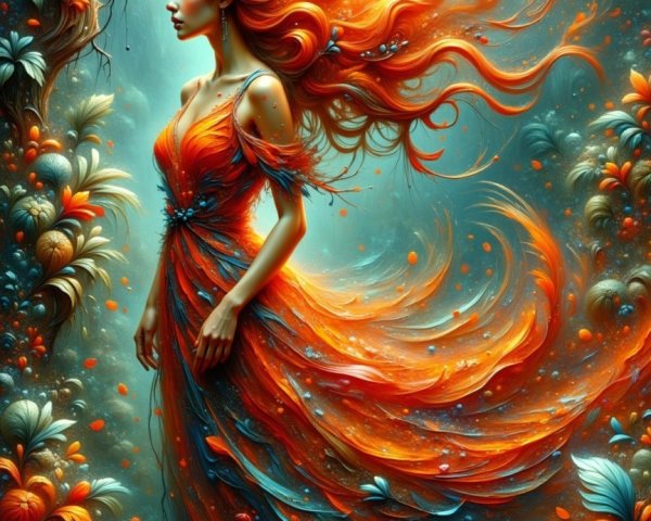 Enchanting figure in vibrant forest with colorful gown