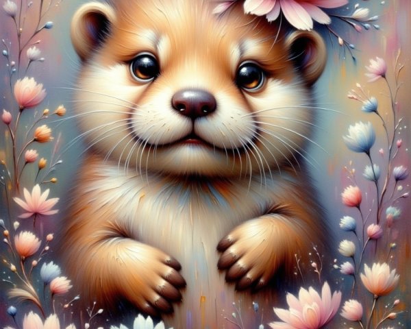 Cartoon Otter Surrounded by Pastel Flowers and Water