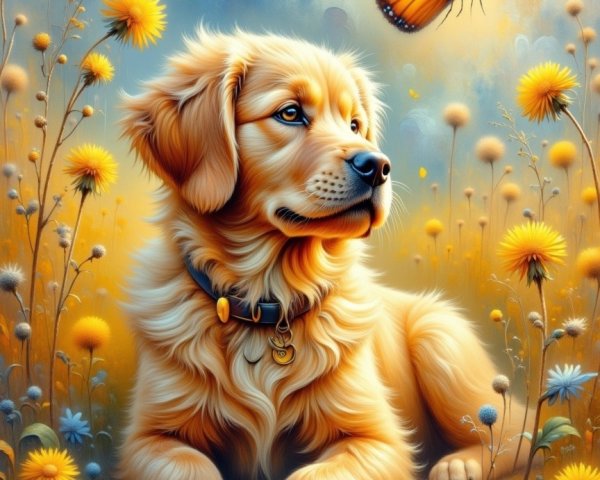 Golden Retriever Puppy in Colorful Flower Meadow