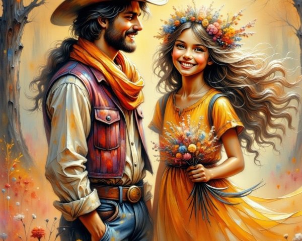 Cowboy and Woman in Autumn Floral Setting