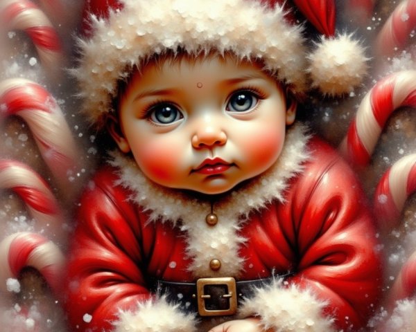 Cheerful Baby in Santa Outfit Surrounded by Candy Canes