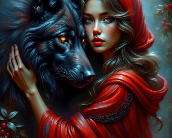 Young Woman in Red Cloak with Black Wolf in Forest