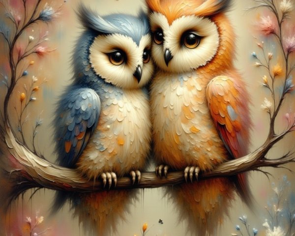 Whimsical Owls on a Leafy Branch with Flowers and Butterflies
