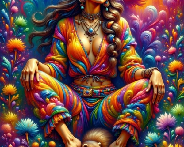 Psychedelic Illustration of a Woman with Flowers and Hedgehog