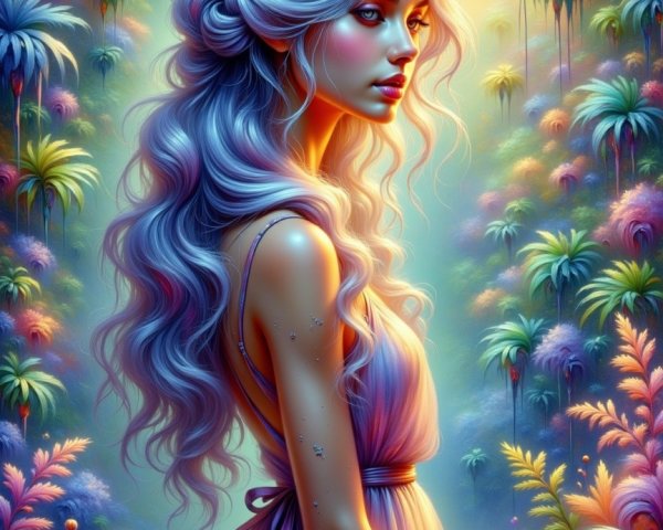 Stunning woman with silver hair in tropical setting