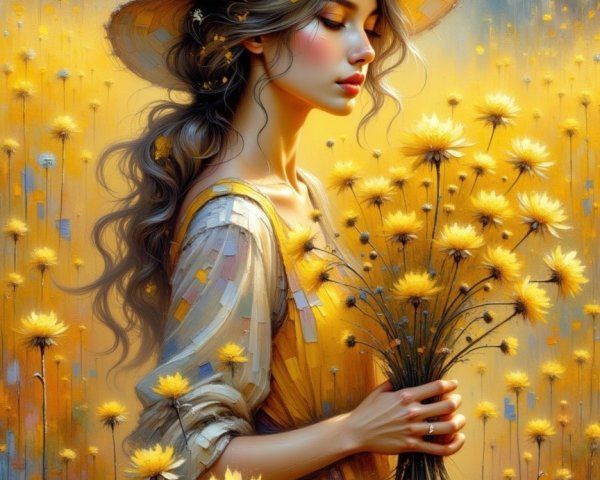 Woman in a straw hat amidst a field of yellow flowers