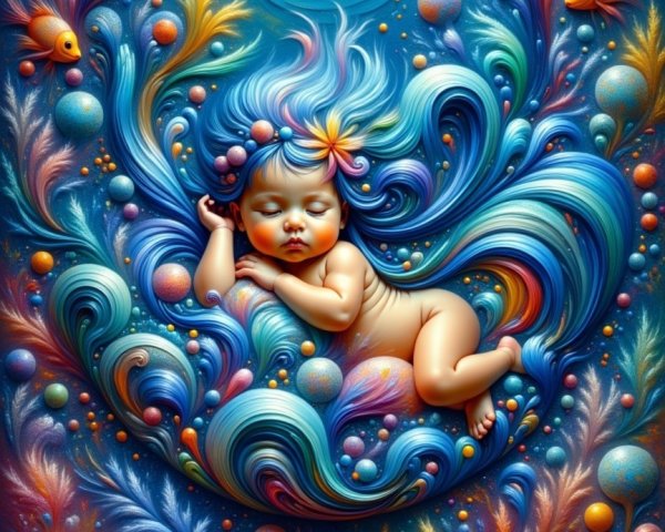 Dreamy Illustration of a Sleeping Baby in Waves