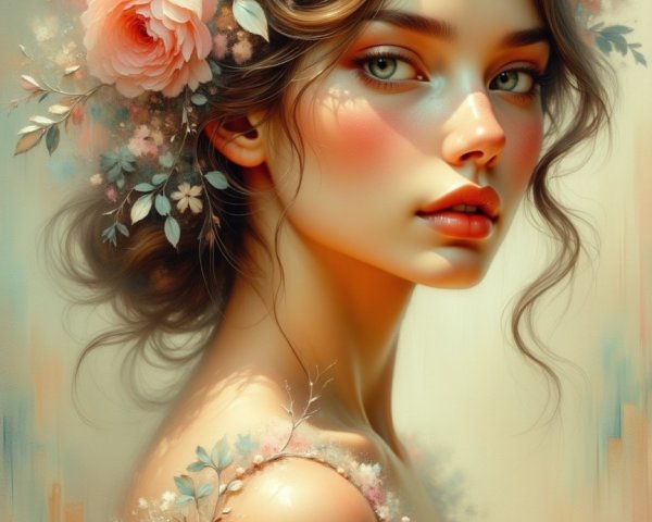 Young Woman with Floral Crown in Pastel Background