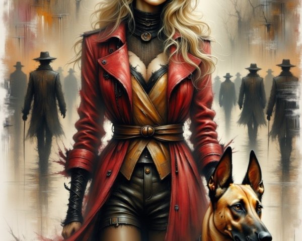 Confident Figure in Red Coat with Dog and Mysterious Background