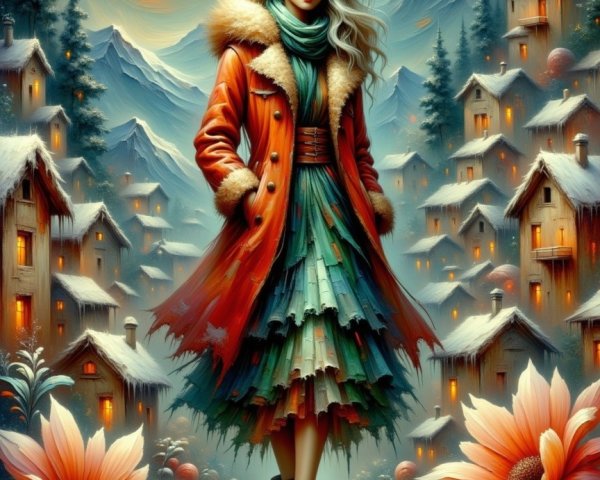 Woman in Orange Coat in Snowy Mountain Landscape