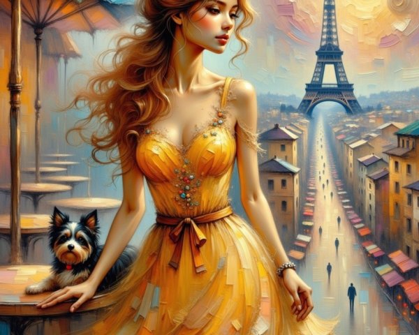 Graceful Woman in Yellow Dress with Eiffel Tower Background