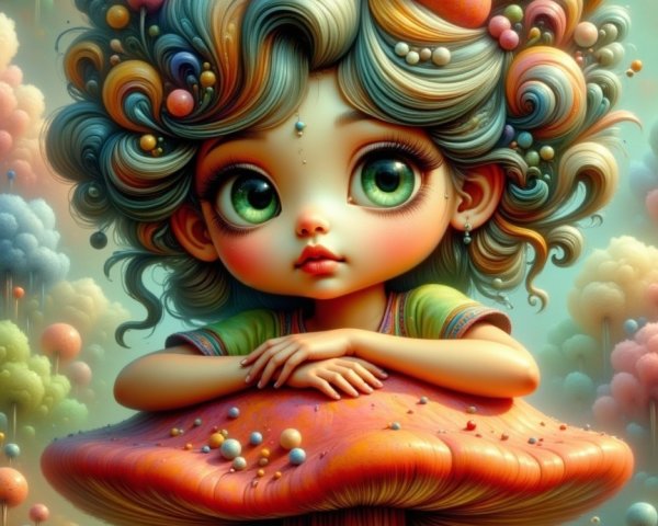 Colorful Character on Giant Mushroom in Dreamy Scene