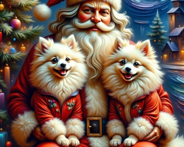 Santa Claus in festive winter scene with dogs and lights