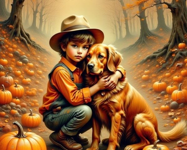 Child and Golden Retriever in Autumn Landscape