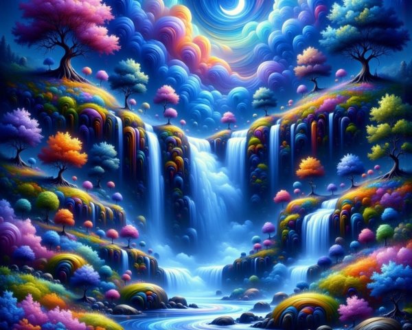 Vibrant Dreamlike Landscape with Cascading Waterfalls