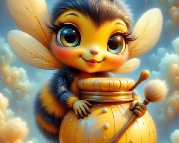 Cartoonish Bee Beside Honey Pot in Dreamy Setting