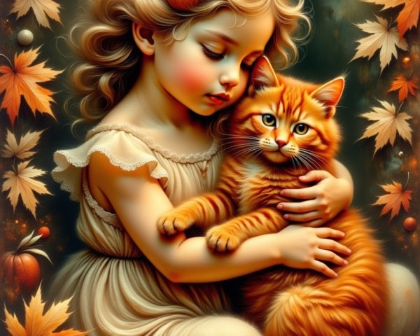 Young Girl with Cat Surrounded by Autumn Decor