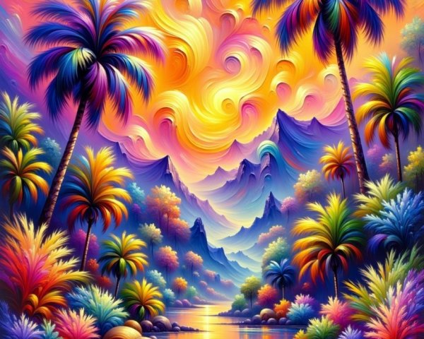 Vibrant Landscape with Colorful Clouds and Mountains