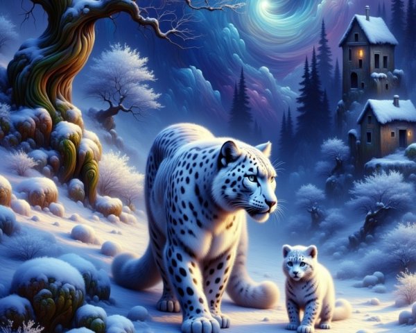 Snow Leopard and Cub in Serene Winter Landscape