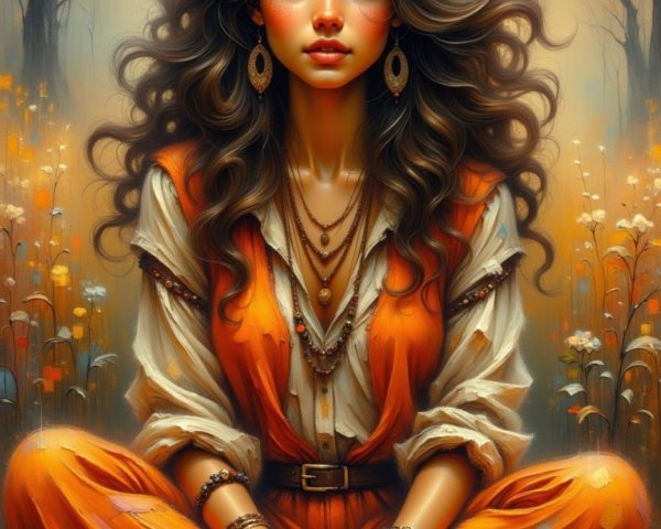 Young Woman in Autumn Field with Vibrant Outfit