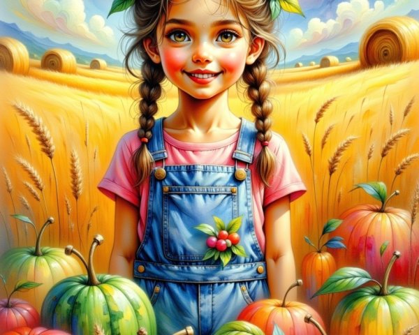 Young girl in golden field with pumpkins and gourds