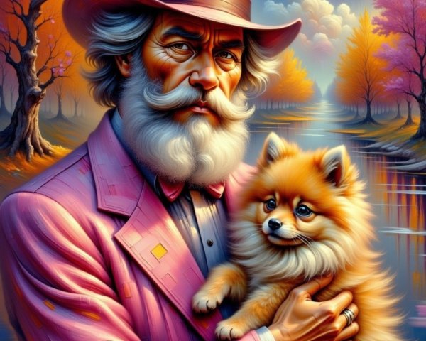 Whimsical Landscape with Man in Pink Suit and Dog