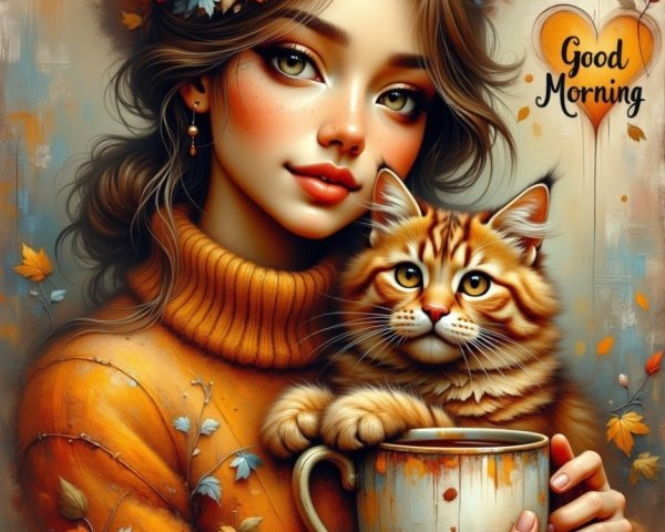 Cheerful Woman with Cat in Cozy Autumn Setting