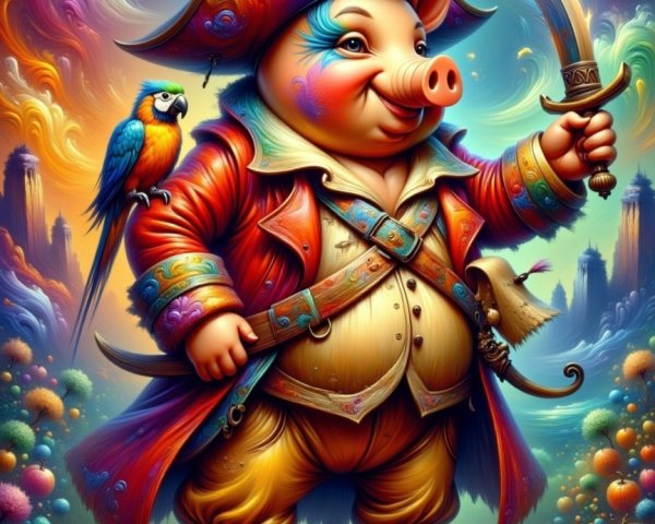 Whimsical Pirate Pig with Sword and Colorful Coat