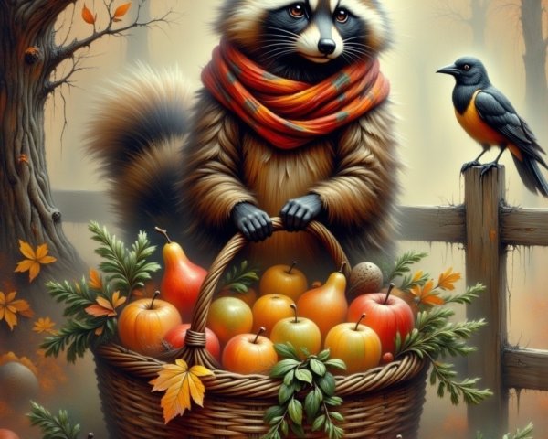Raccoon in Autumn Attire with Pumpkin Basket