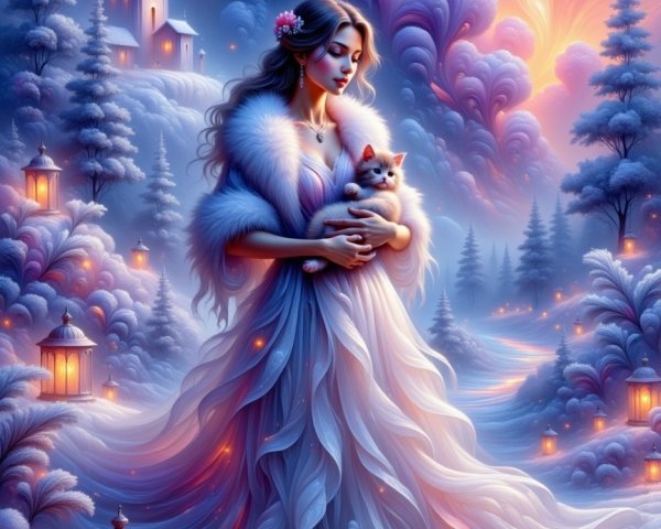 Serene Winter Scene with Woman, Cat, and Lanterns