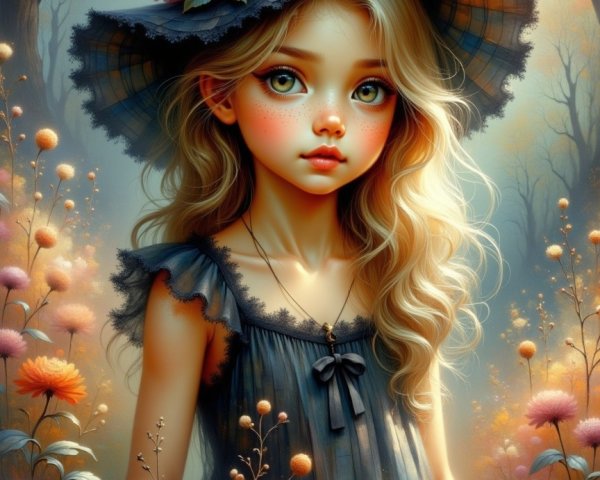 Young girl in a flower field with a wide-brimmed hat