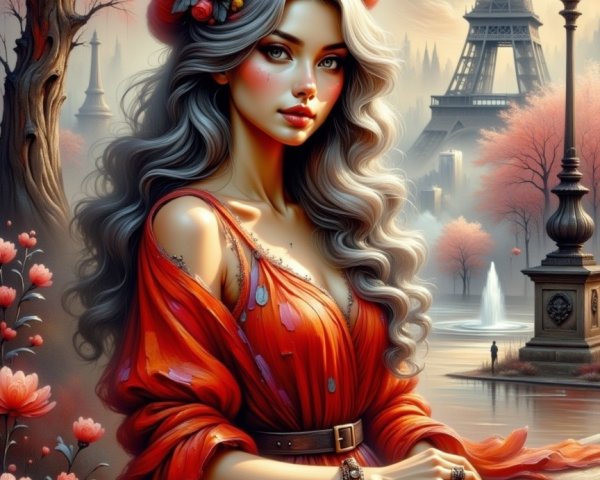 Elegant woman in red dress by riverside with Eiffel Tower