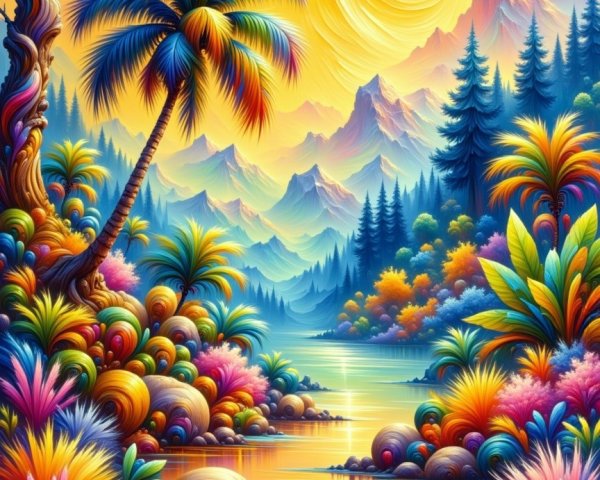 Vibrant Landscape with Colorful Trees and Sunset Reflections