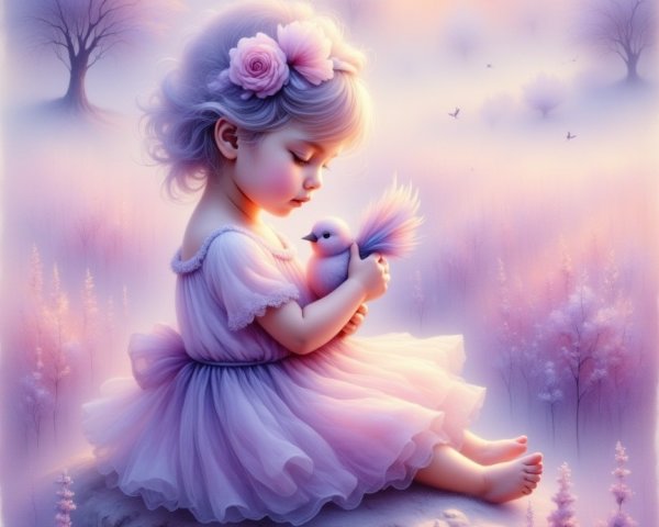 Young girl with bird in pastel landscape setting